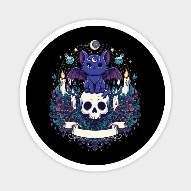 Witchy Bat Cat – Cute Occult Kitty, Candles and Skull Floral Badge Magnet by SAMY